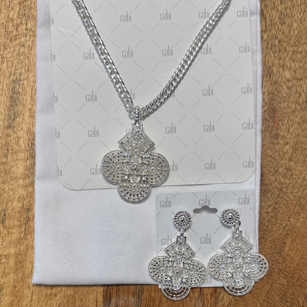 CAbi Silver Filigree Pendant Necklace & Drop Earrings Set